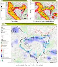 Évaluation des mesures de gestion sur la fonctionnalité de la trame calcicole : exemple du site Natura 2000 FR3100485. La première carte illustre l'état actuel de la fonctionnalité de la trame calcicole, la deuxième l'état après restauration, la troisième est la différence entre les 2 premières et présente le gain en termes de fonctionnalité (probabilité de maintien des populations, trafic entre les habitats calcicoles).